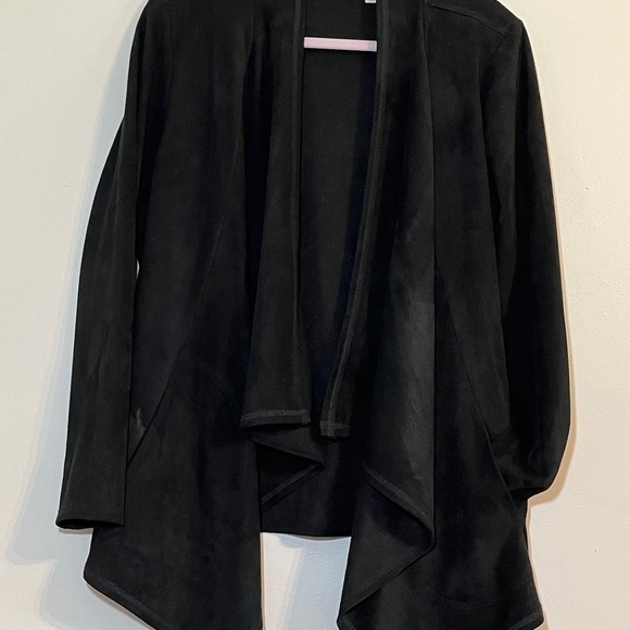 Logo Neutral Faux Suede Cardigan L Black Minimalist Classic Workwear Festive 80s - Picture 3 of 12